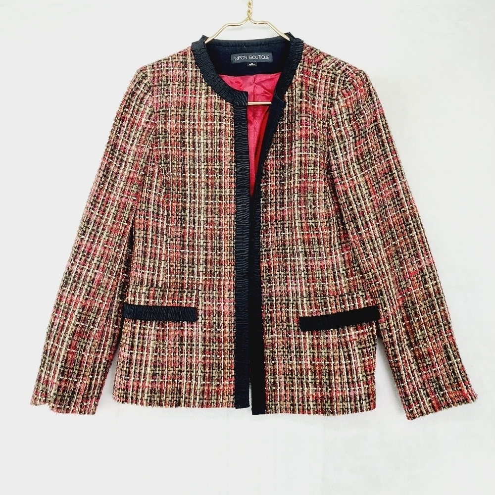 Nipon Boutique Black Red Gold Multi Tweed Blazer Jacket P3908